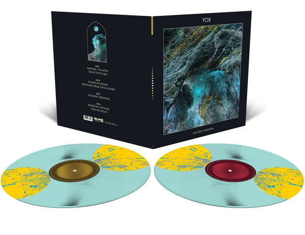 Yob-"The Great Cessation" Double LP, Electric Blue with Mustard Yellow Moonphase Circles & Cyan Blue & Silver Splatter Vinyl